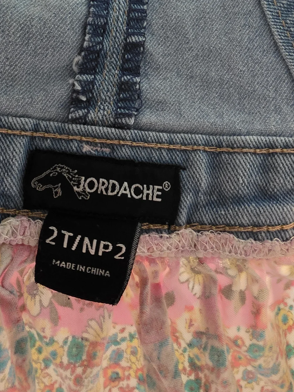 Jordache Light Wash Denim Overall Dress with Pink Floral Tiered Skirt